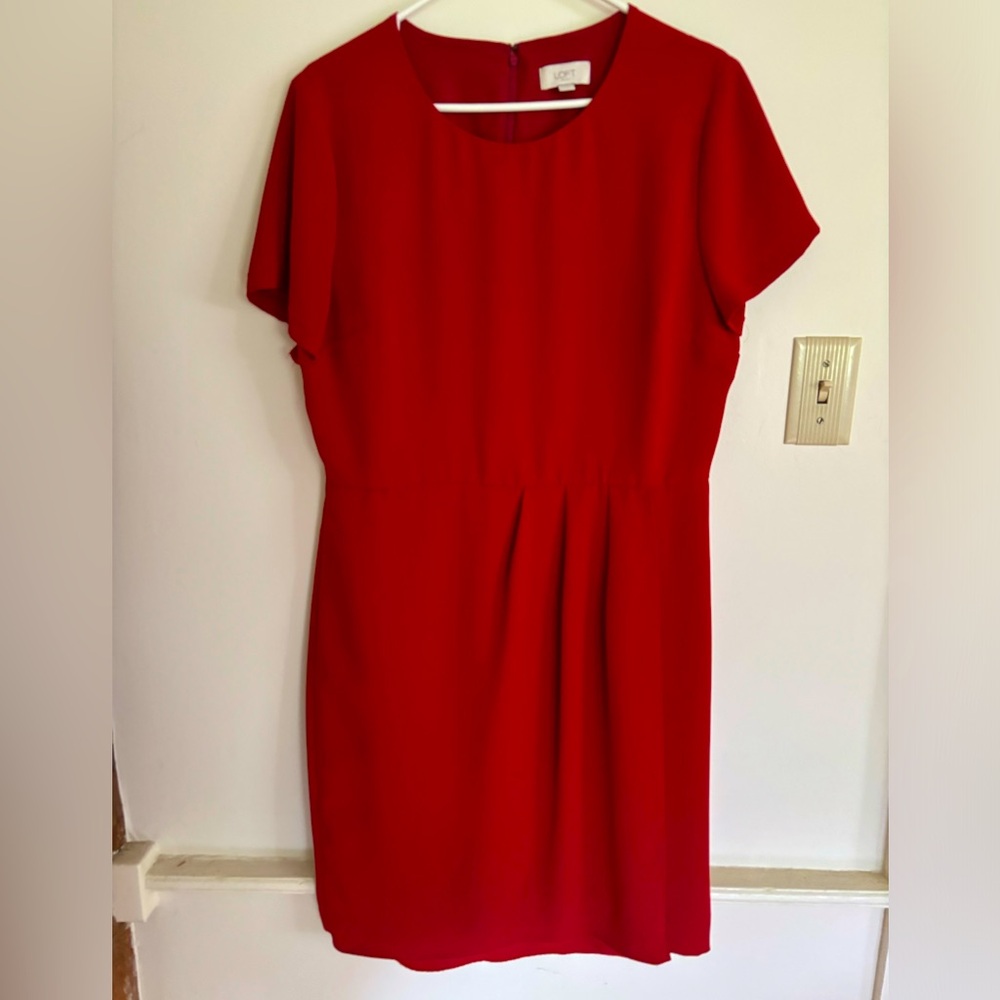 Loft Outlet Womens Red Dress w/shirtsleeves, faux wrap, zip back